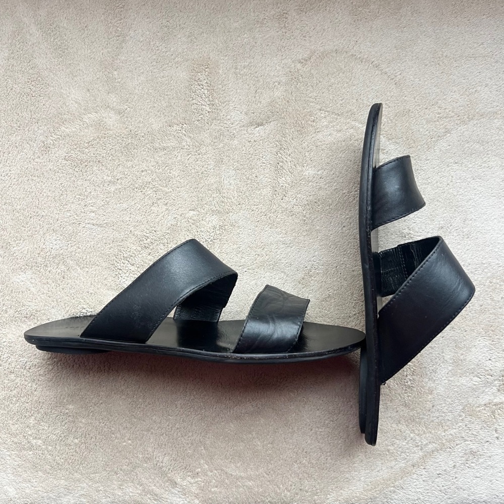Loeffler Randall Clem Women 6.5 Black‎ Leather Double Strap Slide Flat Sandals